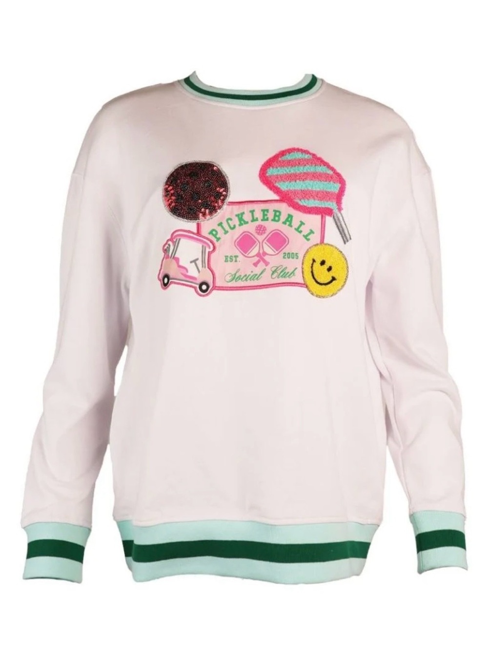 Simply Southern White Pullover Sweatshirt with Pink, Green and Yellow Appliqués